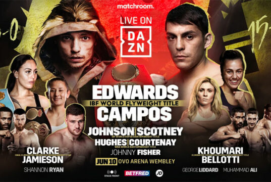 Sunny Edwards defends his IBF flyweight world title against Andres Campos on a world title tripleheader bill in Wembley on Saturday, live on DAZN Photo Credit: Matchroom Boxing