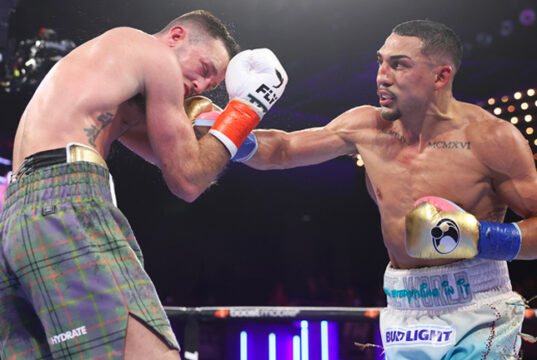 Teofimo Lopez defeats Josh Taylor to takeover and become the new super-lightweight champion in New York. Photo Credit: Top Rank Boxing