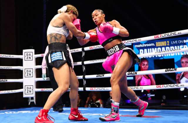 Alycia Baumgardner retained her undisputed crown, defeating Christina Linardatou overnight on points with scores of 99-91 and 98-92 (x2).  Photo source: Boxing in the match room (Twitter).