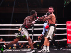 Frank Martin drops Harutyunyan in the 12th and final round on the way to scoring a points win in his WBC Eliminator. Photo Credit: PBC (Twitter)