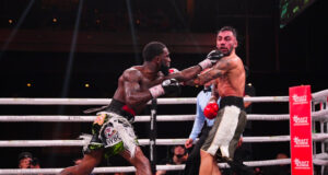 Frank Martin drops Harutyunyan in the 12th and final round on the way to scoring a points win in his WBC Eliminator. Photo Credit: PBC (Twitter)