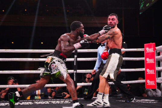 Frank Martin drops Harutyunyan in the 12th and final round on the way to scoring a points win in his WBC Eliminator. Photo Credit: PBC (Twitter)
