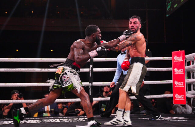 Frank Martin drops Harutyunyan in the 12th and final round on the way to scoring a points win in his WBC Eliminator. Photo Credit: PBC (Twitter)