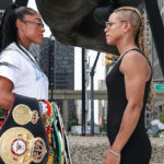 Baumgardner and Linardatou face-to-face ahead of their rematch Photo Credit: Melina Pizano/Matchroom