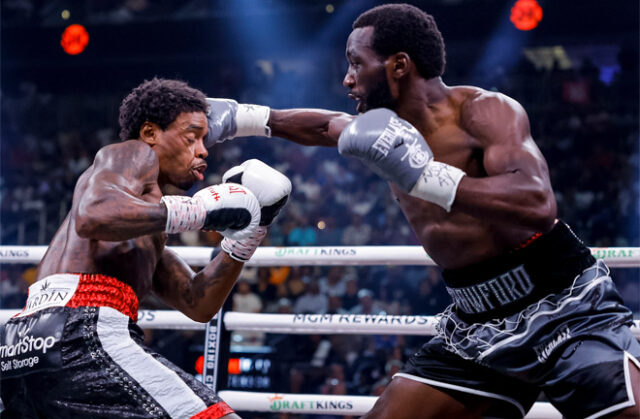 Terence Crawford defeated Errol Spence Jr in the ninth round to become the undisputed welterweight champion in Las Vegas.  Photo: Esther Lin/SHOWTIME