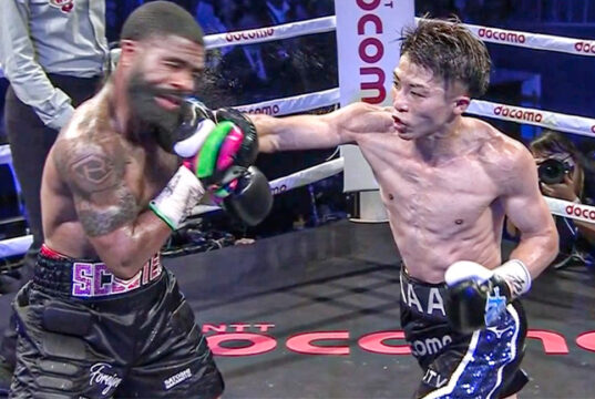 Naoya Inoue made it 20-0 (18 KOs) against Stephen Fulton on route to becoming WBO & WBC Jr. Featherweight World Champion and to win a another world title in 4th weight class. Photo Credit: ESPN Twitter.