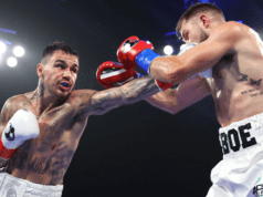 Former unified and lineal lightweight world champion George Kambosos Jr. (21-2, 10 KOs) secured a narrow 12-round majority decision victory against an elusive Maxi Hughes (26-6-2, 5 KOs) Saturday evening at FireLake Arena in Shawnee, Oklahoma, earning a mandatory shot at the IBF crown. Photo Credit: Mikey Williams/Top Rank