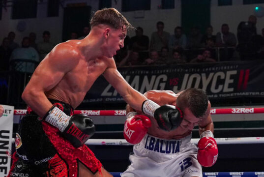 After being stopped during the ninth round, due to an accidental head clash, Dennis McCann and Ionut Baluta could not be separated on the scorecards. Photo Credit: Queensberry Promotions / RoundnBout Media.