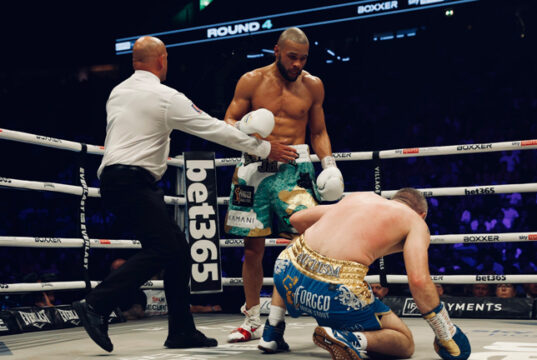 REVENGE: Chris Eubank Jr stops Liam Smith in the 10th round. Photo Credit: Boxxer.
