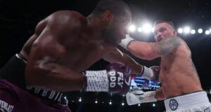 Oleksandr Usyk dismissed Daniel Dubois in the 9th round after recovering from a controversial low blow earlier on in the constest. PHOTO CREDIT: Richard Pelham / The Sun.