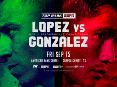 Luis Alberto Lopez defends his IBF featherweight world title against Joet Gonzalez in Texas on Friday Photo Credit: Top Rank Boxing