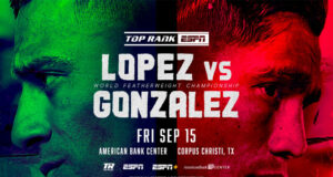 Luis Alberto Lopez defends his IBF featherweight world title against Joet Gonzalez in Texas on Friday Photo Credit: Top Rank Boxing