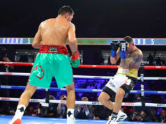 WBO middleweight champion Janibek Alimkhanuly (15-0, 10 KOs) defeated IBF champion Vincenzo Gualtieri (21-1-1, 7 KOs) by a sixth-round TKO. Photo Credit: Mikey Williams / Top Rank Boxing.