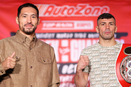 Janibek Alimkhanuly faces Vincenzo Gualtieri in a world middleweight title unification battle in Texas on Saturday Photo Credit: Mikey Williams/Top Rank via Getty Images