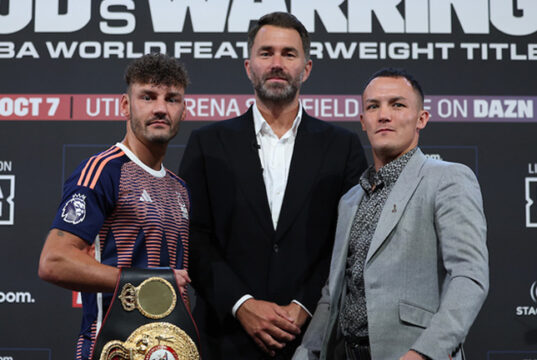 Leigh Wood defends his WBA featherweight world title against Josh Warrington in Sheffield on Saturday, live on DAZN Photo Credit: Mark Robinson/Matchroom Boxing