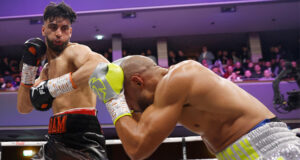 Adam Azim picked up the EBU European Super Lightweight title against Franck Petitjean in Wolverhampton last night with a 10th round stoppage win. Photo Credit: Lawrence Lustig/Boxxer.