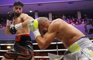 Adam Azim picked up the EBU European Super Lightweight title against Franck Petitjean in Wolverhampton last night with a 10th round stoppage win. Photo Credit: Lawrence Lustig/Boxxer.