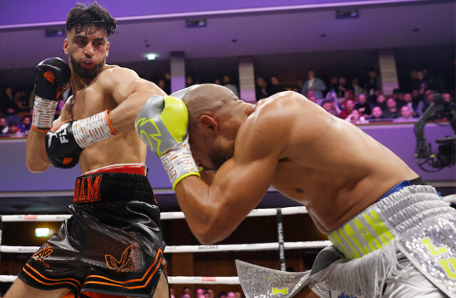 Last night in Wolverhampton, Adam Azim won the EBU European Super Lightweight title by defeating Franck Petitjean in Wolverhampton with a 10th round stoppage win.  Photo credit: Lawrence Lustig/Boxxer.