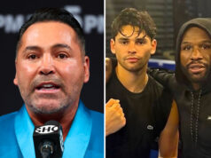 Oscar De La Hoya has hit out at Floyd Mayweather Jr over his relationship with Ryan Garcia Photo Credit: Chris Esqueda/ Golden Boy Promotions