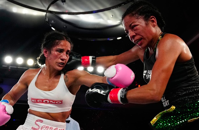 Amanda Serrano defends her featherweight world titles against Nina Meinke on Saturday, with Jake Paul also on the card in Puerto Rico Photo Credit: DAZN