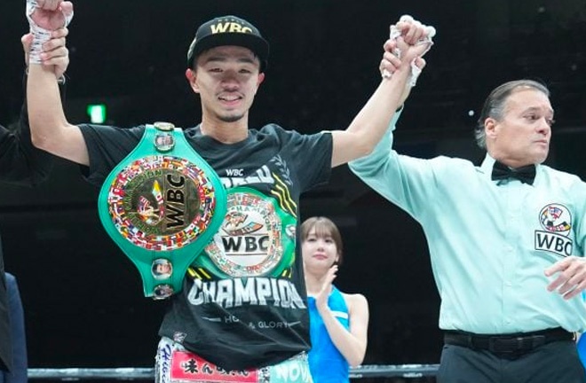 Nakatani celebrates after ripping the WBC title away from Santiago Photo Credit: Naoki Fukuda /Top Rank