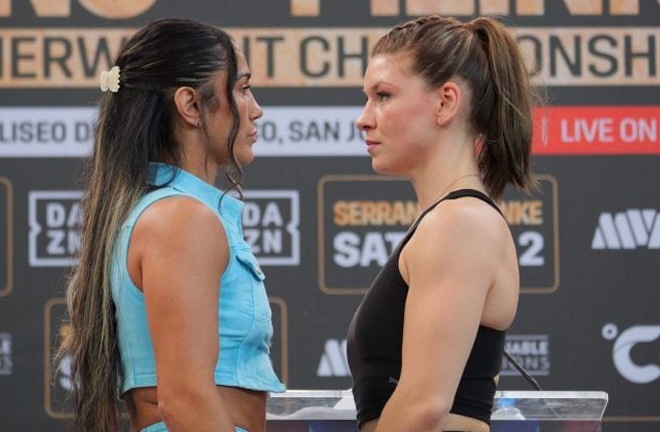 Serrano and Meinke face-to-face ahead of their clash Photo Credit: Jan Nieves/Most Valuable Promotions
