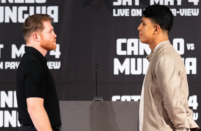 Canelo and Munguia face-to-face ahead of their clash on May 4 in Las Vegas Photo Credit: Ryan Hafey/Premier Boxing Champions