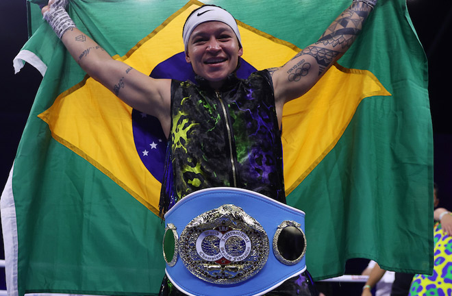 Ferreira celebrates after becoming IBF lightweight world champion Photo Credit: Mark Robinson/Matchroom Boxing