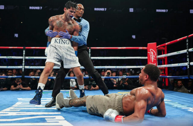 RYAN GARCIA KNOCKS DEVIN HANEY DOWN THREE TIMES IN HISTORIC MD VICTORY. PHOTO CREDIT: GOLDEN BOY / CRIS ESQUEDA