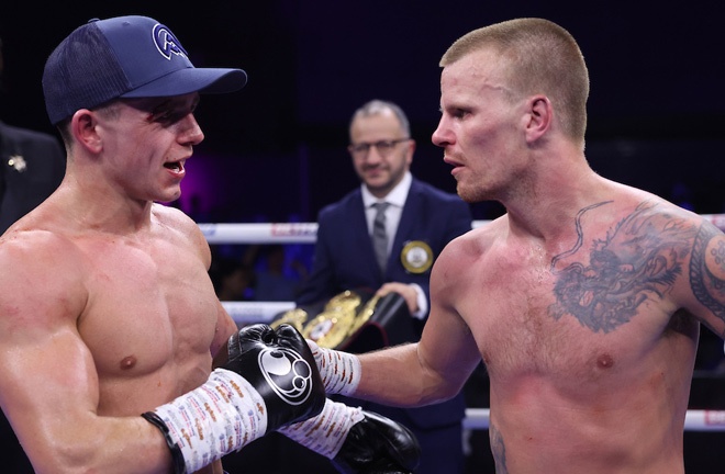 McGrail and Leach embrace at the end of their fight Photo Credit: Mark Robinson/Matchroom Boxing