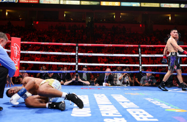 Vergil Ortiz Jr warmed up for a summer showdown with Tim Tszyu by knocking out Thomas Dulorme in the opening round in Fresno on Saturday Photo Credit: Golden Boy / Cris Esqueda