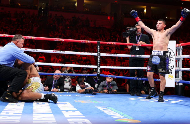 Ortiz celebrates after stopping Dulorme Photo Credit: Golden Boy / Cris Esqueda