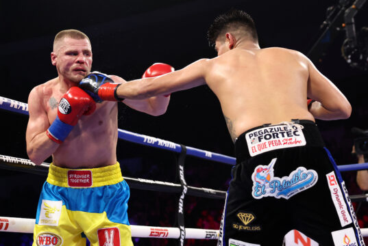 On the day Ukraine's Oleksandr Usrk captured the undisputed heavyweight title, his countryman, Denys Berinchyk, stunned the boxing world. Berinchyk defeated Emanuel Navarrete by split decision to win the vacant WBO lightweight world title Saturday evening at Pechanga Arena in San Diego. Photo Credit: Top Rank Boxing.