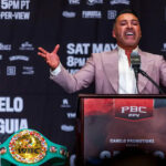Oscar De La Hoya and Canelo Alvarez clashed at the final press conference to promote the latter’s fight with Jaime Munguia on Saturday in Las Vegas Photo Credit: L.E. Baskow/Las Vegas Review-Journal