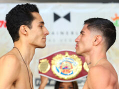 Rafael “El Divino” Espinoza (24-0, 20 KOs) will make the first defense of his WBO featherweight world title against Sergio Chirino (22-1, 13 KOs) this Friday, June 21, inside BleauLive Theater at Fontainebleau Las Vegas. Photo Credit: Mikey Williams/Top Rank