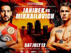 Janibek will defend his unified middleweight crown against Mikhailovich (Poster Credit: Top Rank)