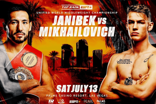 Janibek will defend his unified middleweight crown against Mikhailovich (Poster Credit: Top Rank)