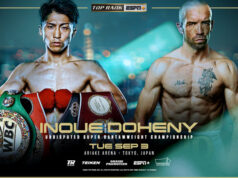 Naoya Inoue puts his undisputed super bantamweight titles on the line against TJ Doheny in Japan on Tuesday Photo Credit: Top Rank