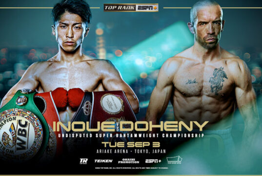 Naoya Inoue puts his undisputed super bantamweight titles on the line against TJ Doheny in Japan on Tuesday Photo Credit: Top Rank