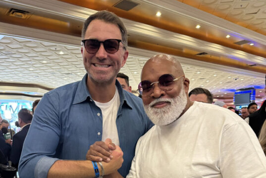 Eddie Hearn and Leonard Ellerbe appeared to squash their beef in Las Vegas Photo Credit: @heyitsmarcosv Twitter