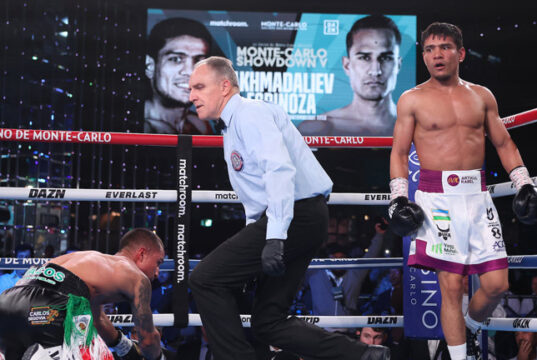 Murodjon Akhmadaliev stopped Ricardo Espinoza in three rounds in Monaco Photo Credit: Mark Robinson Matchroom Boxing