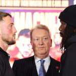 Pauls and Bentley face-to-face ahead of Saturday’s showdown Photo Credit: Leigh Dawney/Queensberry Promotions