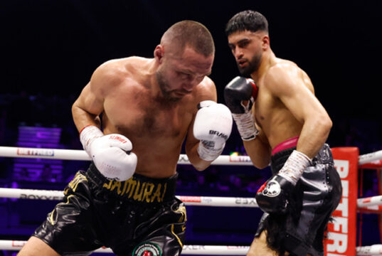 Adam Azim halted Sergey Lipinets in the ninth round in Wembley Photo Credit: Lawrence Lustig/BOXXER