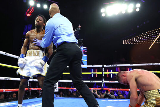 Keyshawn Davis knocked out Denys Berinchyk in the fourth round to become WBO lightweight champion in New York on Friday Photo Credit: Mikey Williams/Top Rank