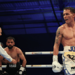 Khan received a count but survived (Photo Credit: Mark Robinson Matchroom Boxing)