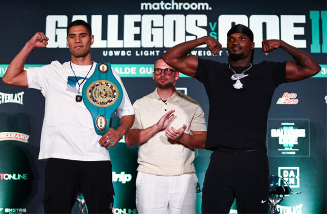 Manuel Gallegos and Khalil Coe face off during a final press conference ahead of the Matchroom Boxing card on Friday, May 30, 2025 at Domo Alcade in Guadalajara, Mexico. Photo Credit: Melina Pizano/ Matchroom Manuel Gallegos and Khalil Coe face off during a final press conference ahead of the Matchroom Boxing card on Friday, May 30, 2025 at Domo Alcade in Guadalajara, Mexico. Photo Credit: Melina Pizano/ Matchroom