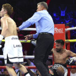 Naoya Inoue ended Ramon Cardenas’ brave resistance in the eighth round in Las Vegas on Sunday Photo Credit: Mikey Williams/Top Rank
