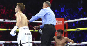 Naoya Inoue ended Ramon Cardenas' brave resistance in the eighth round in Las Vegas on Sunday Photo Credit: Mikey Williams/Top Rank
