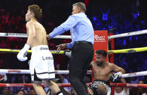 Naoya Inoue ended Ramon Cardenas' brave resistance in the eighth round in Las Vegas on Sunday Photo Credit: Mikey Williams/Top Rank