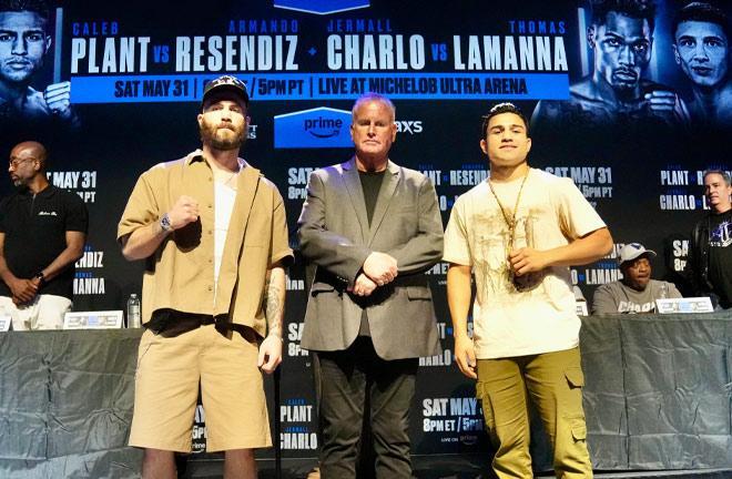 Caleb Plant and Jose Armando Reséndiz face off ahead of their clash in Las Vegas, Nevada Photo Credit: Sean Michael Ham/ Premier Boxing Champions